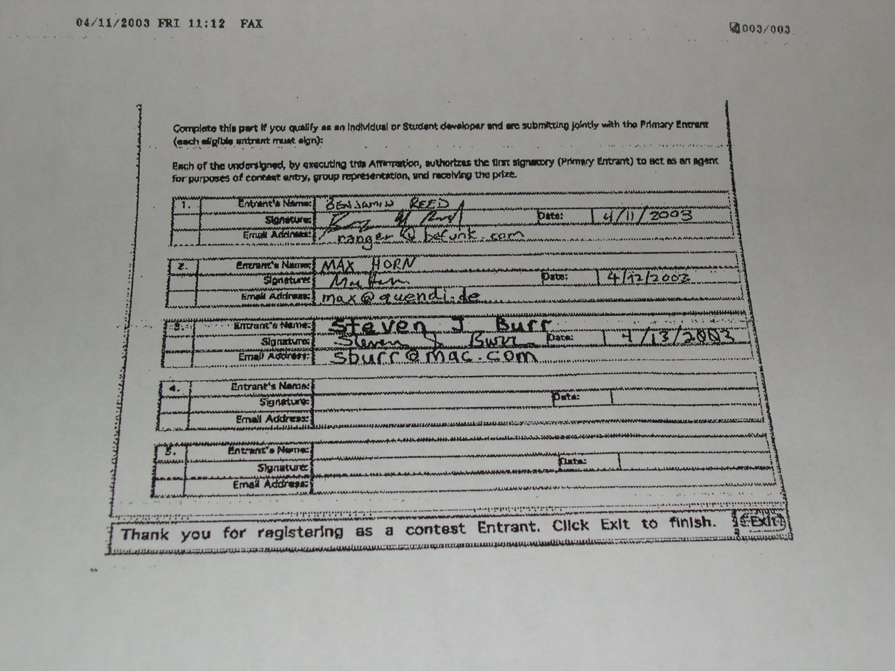 Historic Apple Developer Contest Form (of Doom)