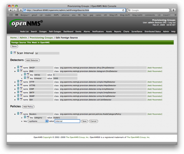 OpenNMS 1.7.1 Provisioning Groups: Edit Foreign Source