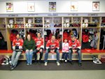 Matt Cullen, Cynthia, Stephan Yelle, Aaron Ward, Stephanie, and Eric Staal