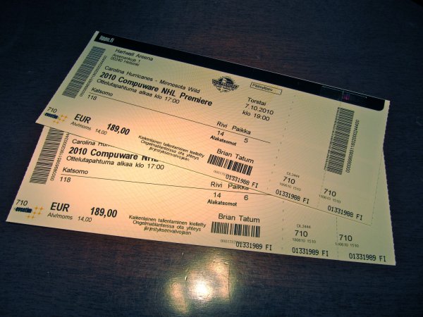 2 tickets to the NHL premiere between the Carolina Hurricanes and the Minnesota Wild