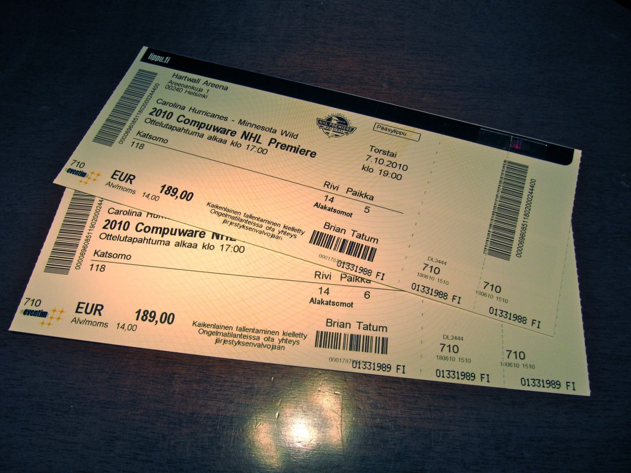 2 tickets to the NHL premiere between the Carolina Hurricanes and the Minnesota Wild