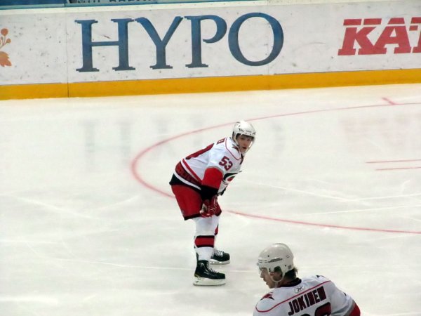 Jeff Skinner and Jussi Jokinen on the ice