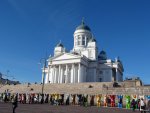 A nice view of the Helsinki Cathedral with Buddy Bears lined up in front.