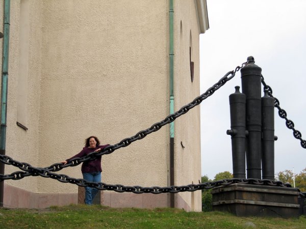 Cynthia posing by the church