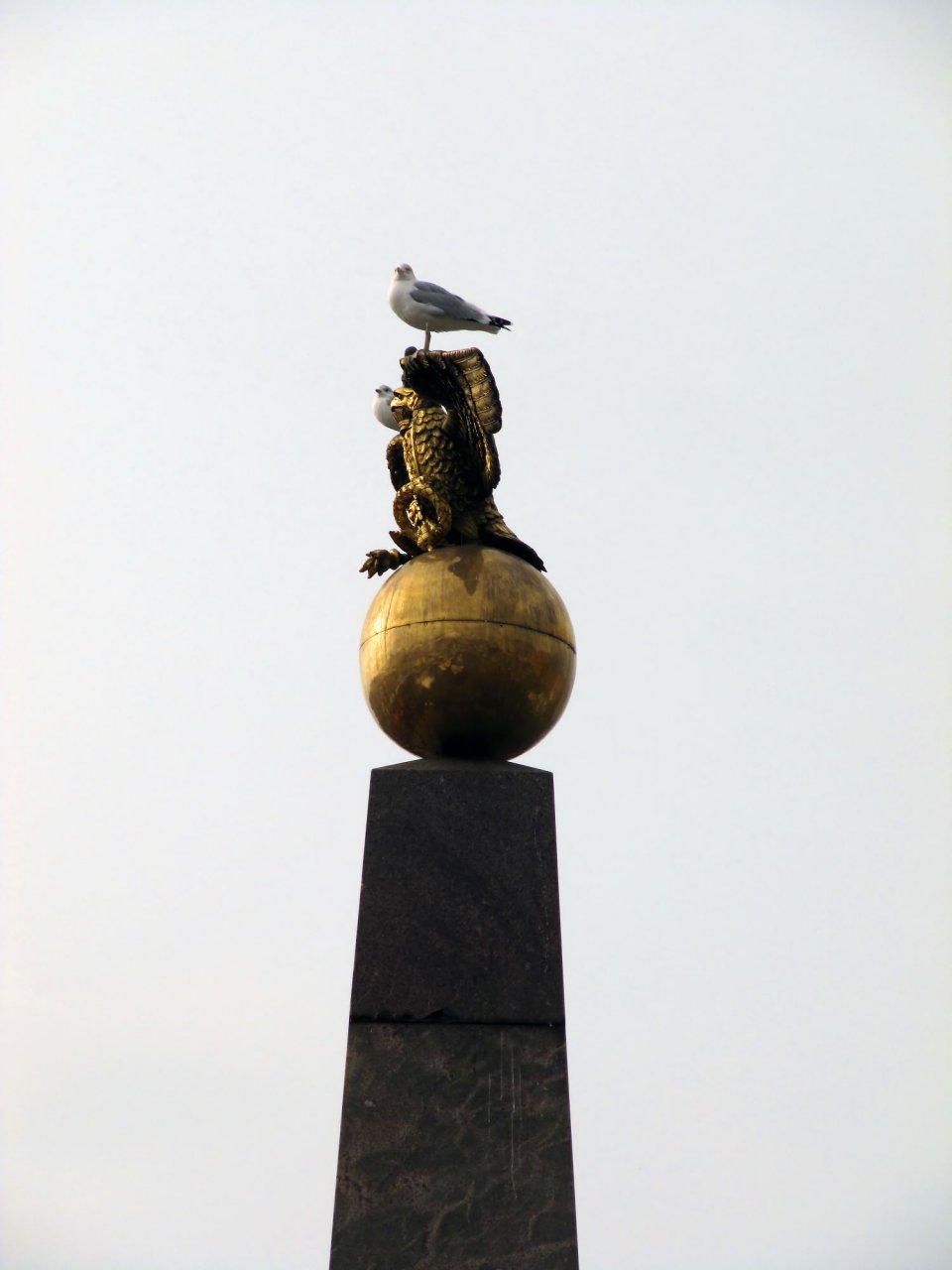 a bird perching on a statue in the market square