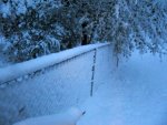 Snow caught in a chain link fence.