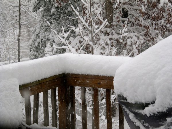 Snow on the railing and grill
